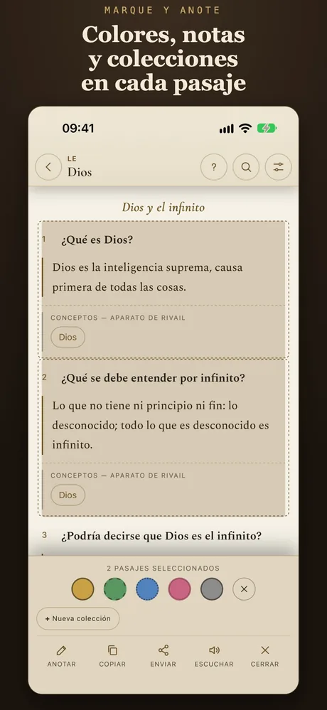Colores, notas y colecciones en cada fragmento.