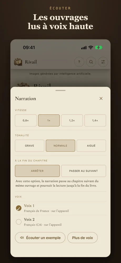 Les œuvres à voix haute, avec la voix du téléphone.
