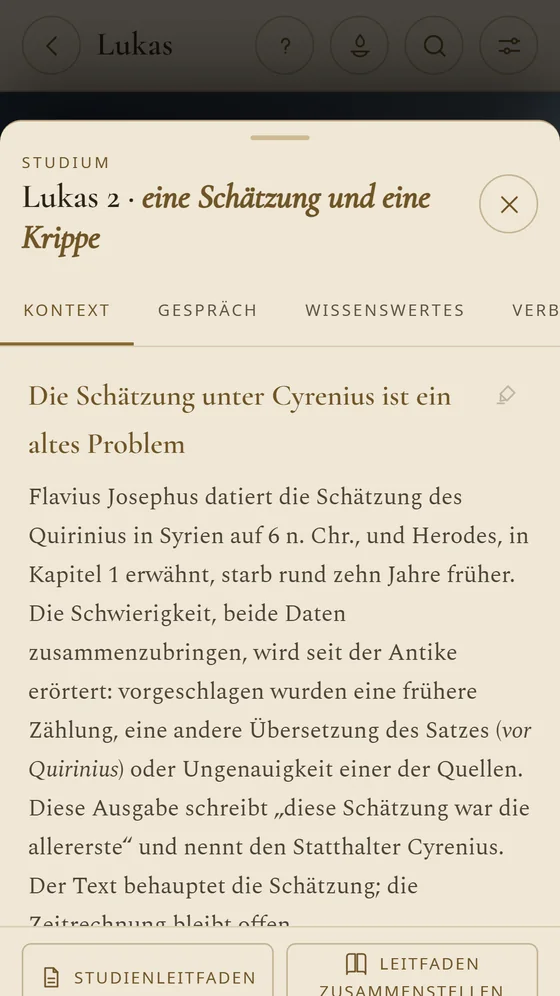 Studium zu Lukas 2, mit dem Kontext der Volkszählung unter Quirinius und den Reitern Gespräch und Wissenswertes.