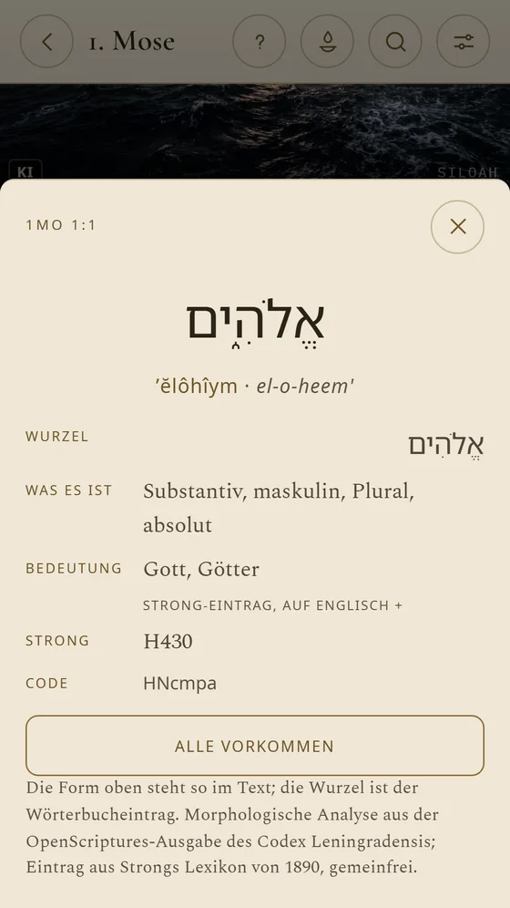Das hebräische Wort Elohim, mit Lesung, Bedeutung, Wurzel und Strong-Nummer.