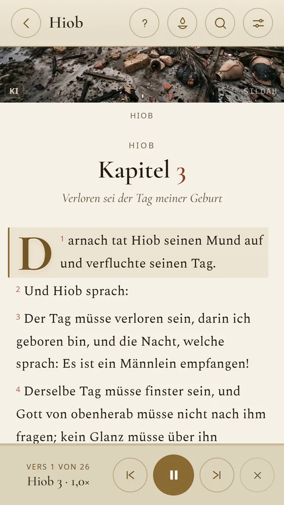 Vorlesen von Hiob 3, mit hervorgehobenem Vers und den Audiosteuerungen.