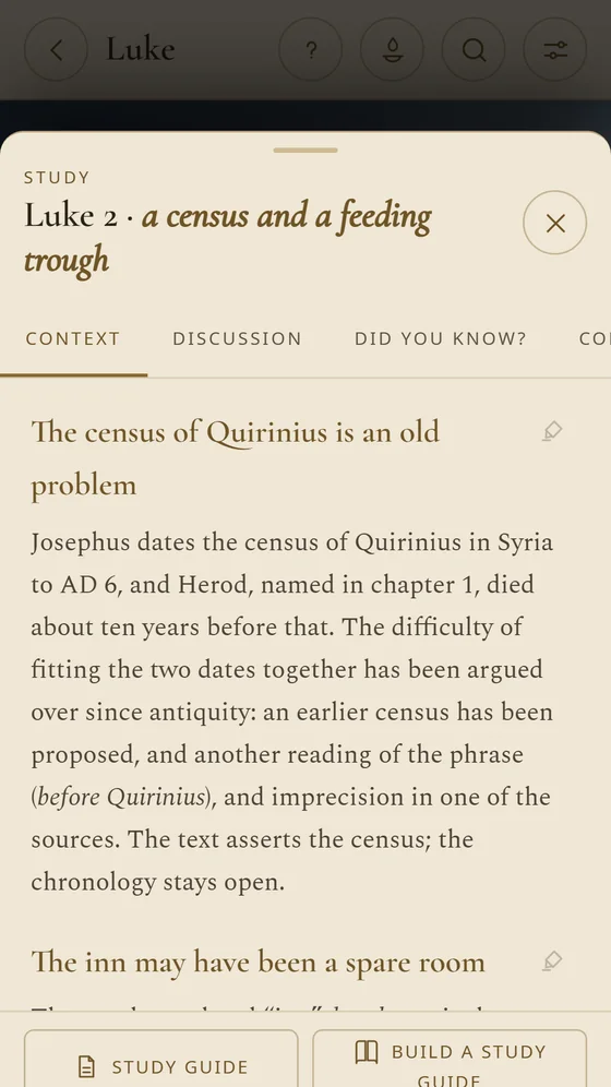 Study of Luke 2, with the context of the census of Quirinius and the discussion and curiosities tabs.