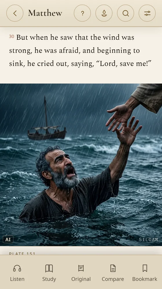 Siloé: Matthew 14 with the plate of Peter sinking in the storm.