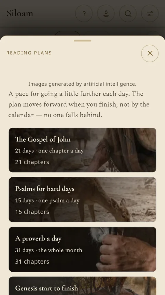 List of reading plans: the Gospel of John, Psalms for hard days and a proverb a day.