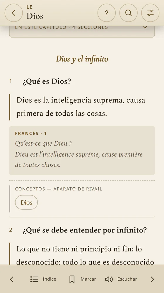 Pregunta de El Libro de los Espíritus con el original en francés justo debajo.
