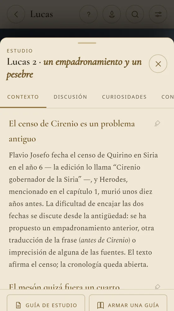 Estudio de Lucas 2, con el contexto del censo de Cirenio y las pestañas de debate y curiosidades.