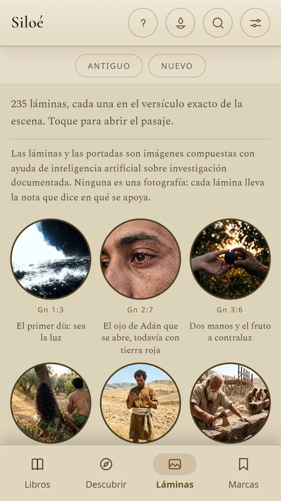 Galería de láminas de Siloé, con las escenas del Génesis en círculos.