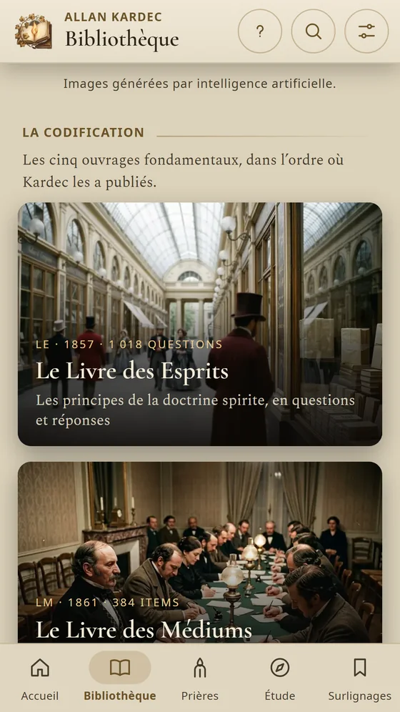 Rivail : la bibliothèque avec Le Livre des Esprits et Le Livre des Médiums.