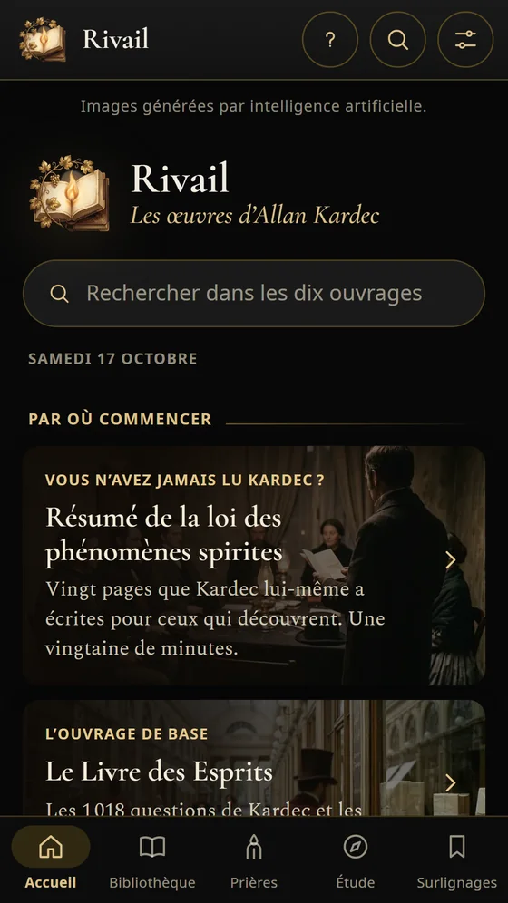 L’écran d’accueil de Rivail en thème sombre, avec par où commencer la lecture.