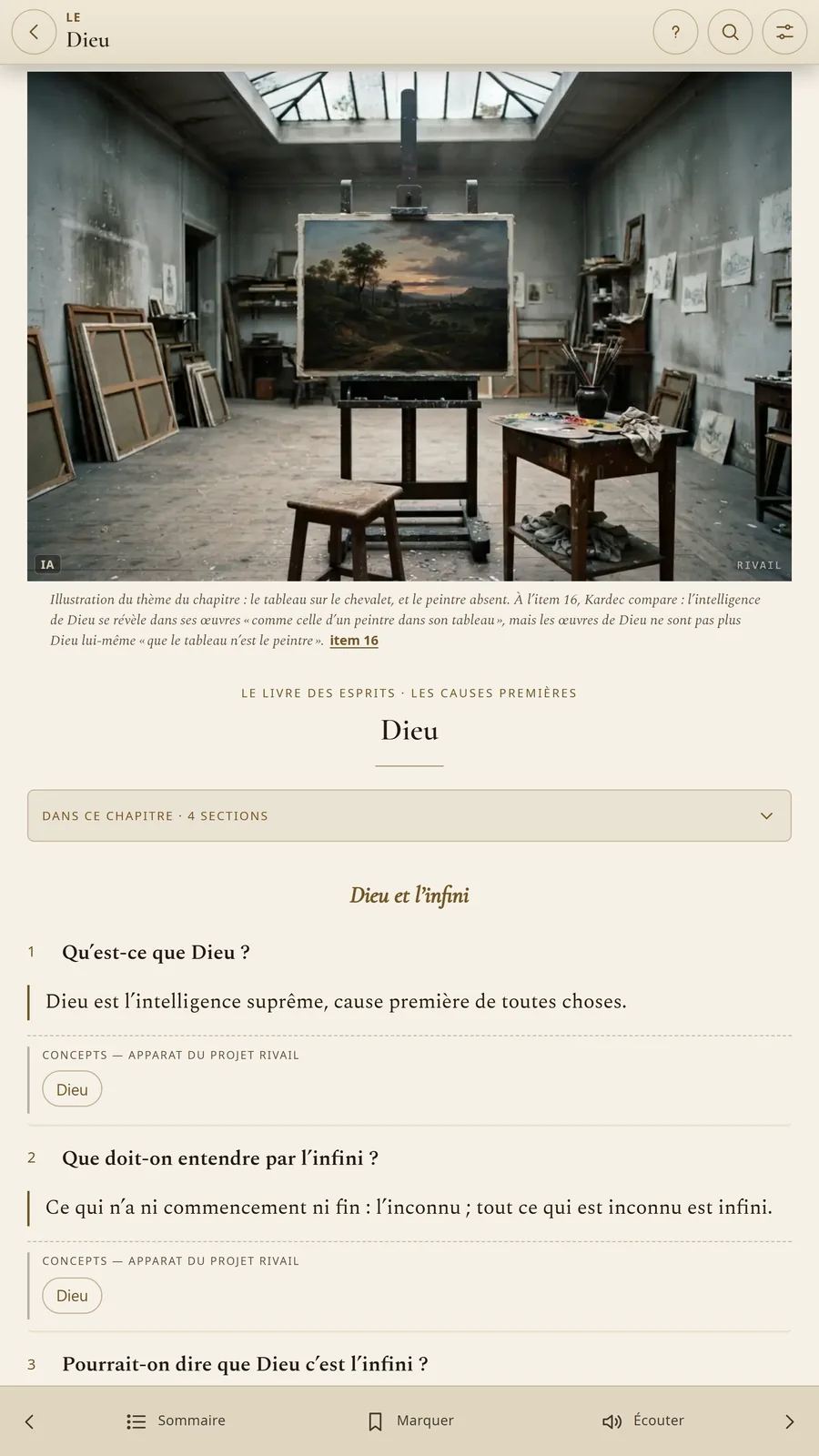 Rivail sur iPad, avec la lecture du Livre des Esprits sur grand écran.