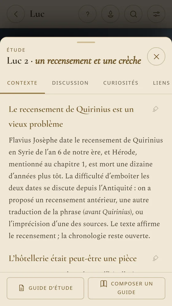 Étude de Luc 2, avec le contexte du recensement de Quirinius et les onglets discussion et curiosités.