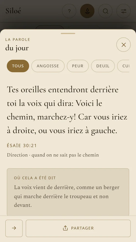 La Parole du jour, Luc 15:20, avec les thèmes anxiété, peur et deuil.