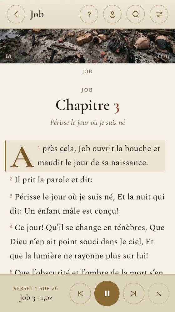 Lecture à voix haute de Job 3, avec le verset en évidence et les commandes audio.