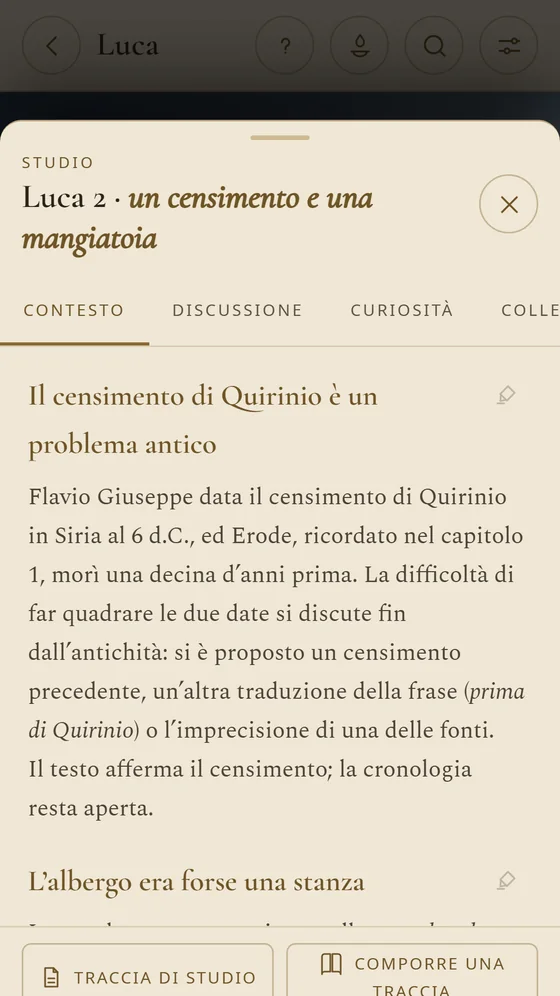 Studio di Luca 2, con il contesto del censimento di Quirinio e le schede discussione e curiosità.