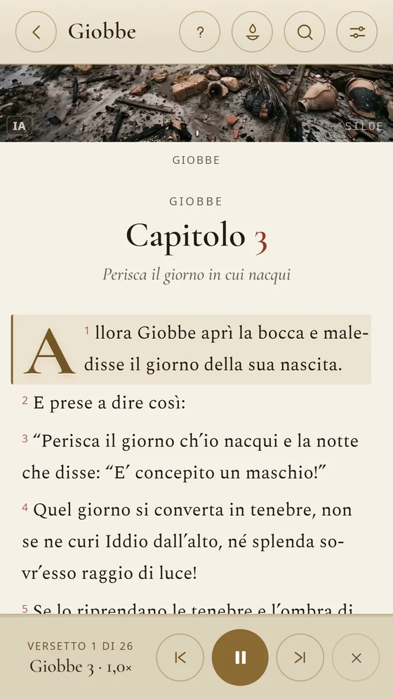 Lettura ad alta voce di Giobbe 3, con il versetto evidenziato e i controlli audio.