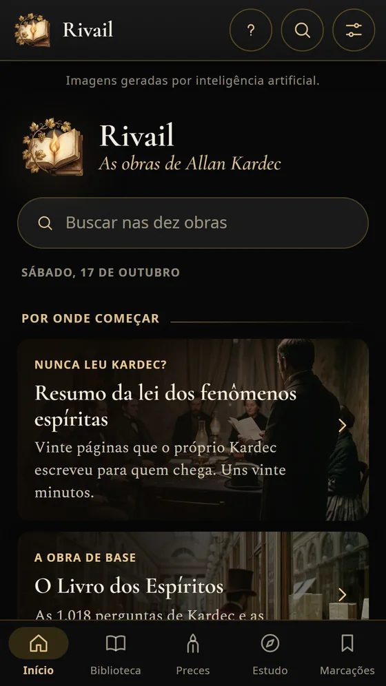 A tela inicial do Rivail no tema escuro, com por onde começar a leitura.