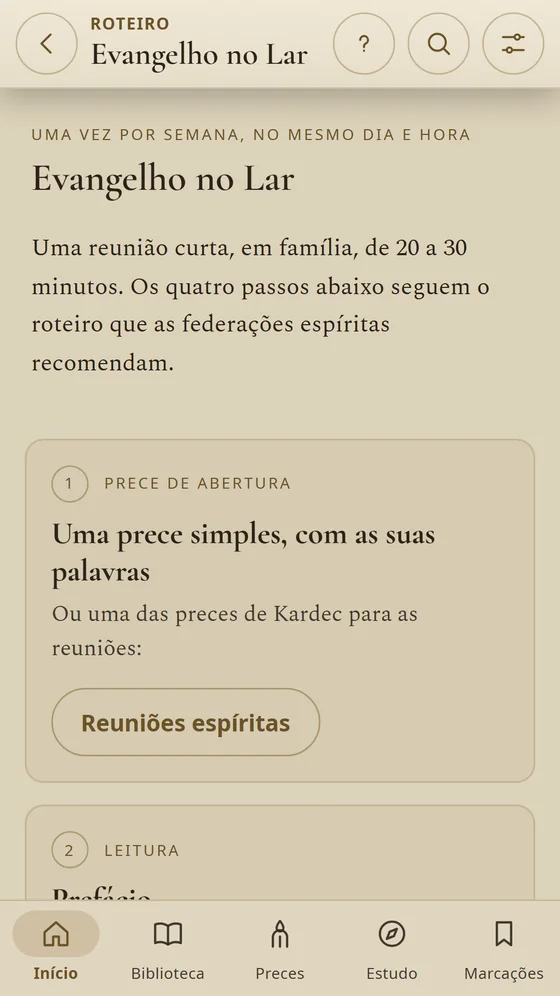 Roteiro do Evangelho no Lar com a prece de abertura e a leitura.