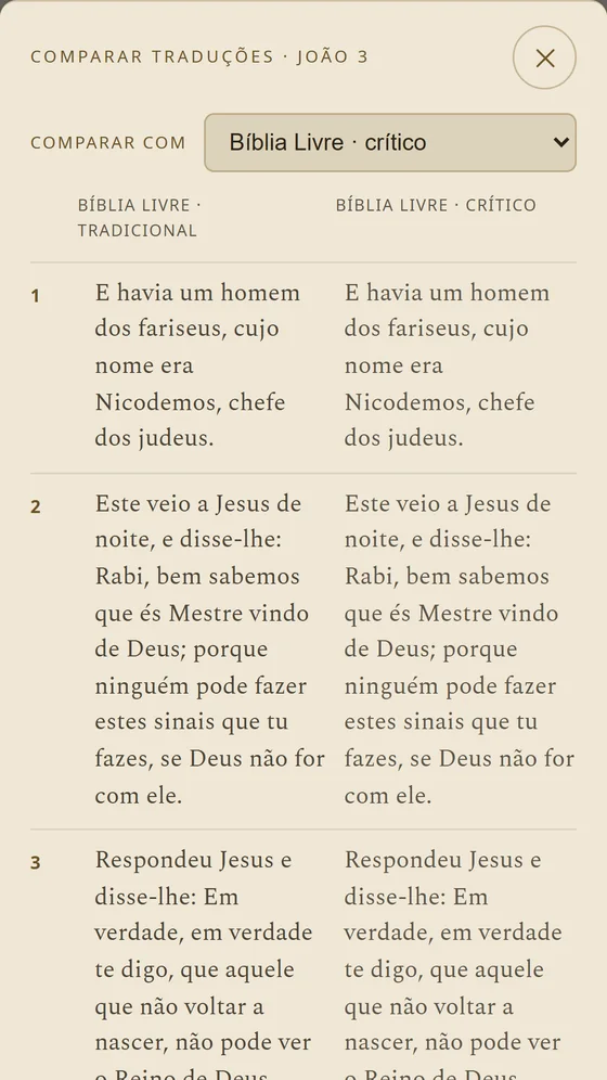 Duas edições da Bíblia lado a lado, versículo por versículo.