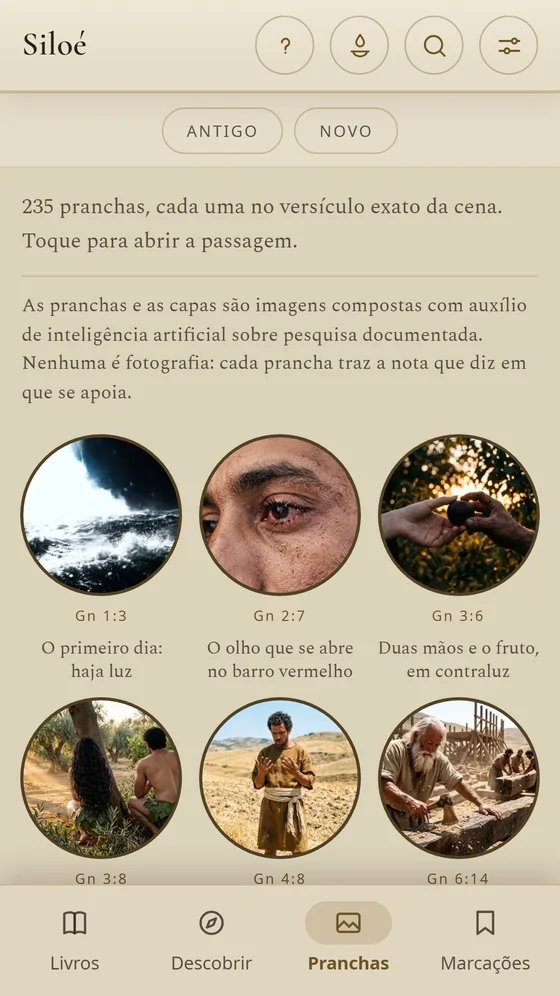 Galeria das pranchas do Siloé, com as cenas de Gênesis em círculos.